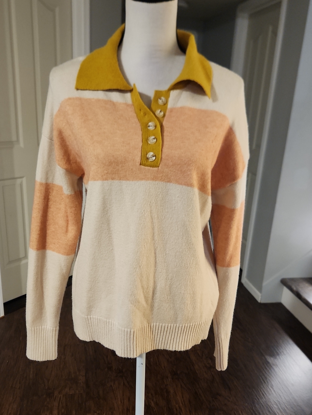 Hem & Thread Button Down Front Collard Striped Sweater